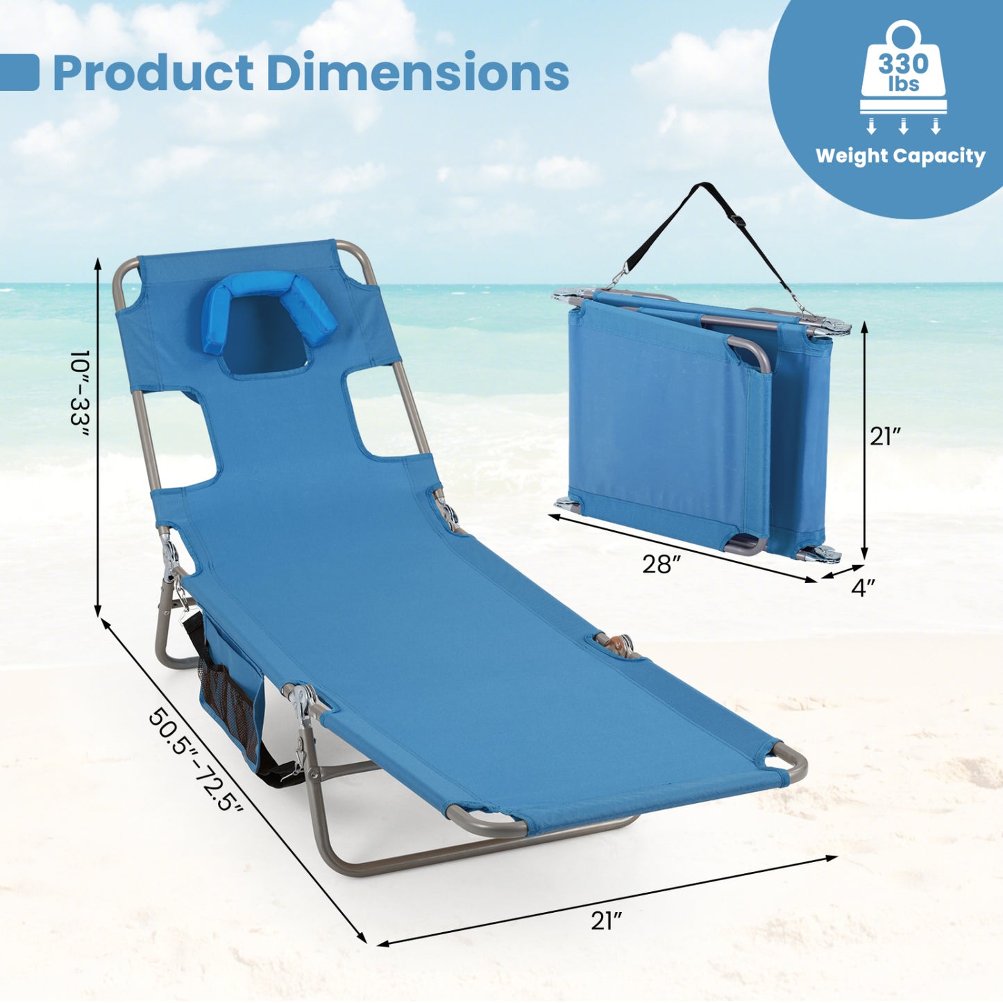 Folding Beach Lounge Chair with Adjustable Backrest