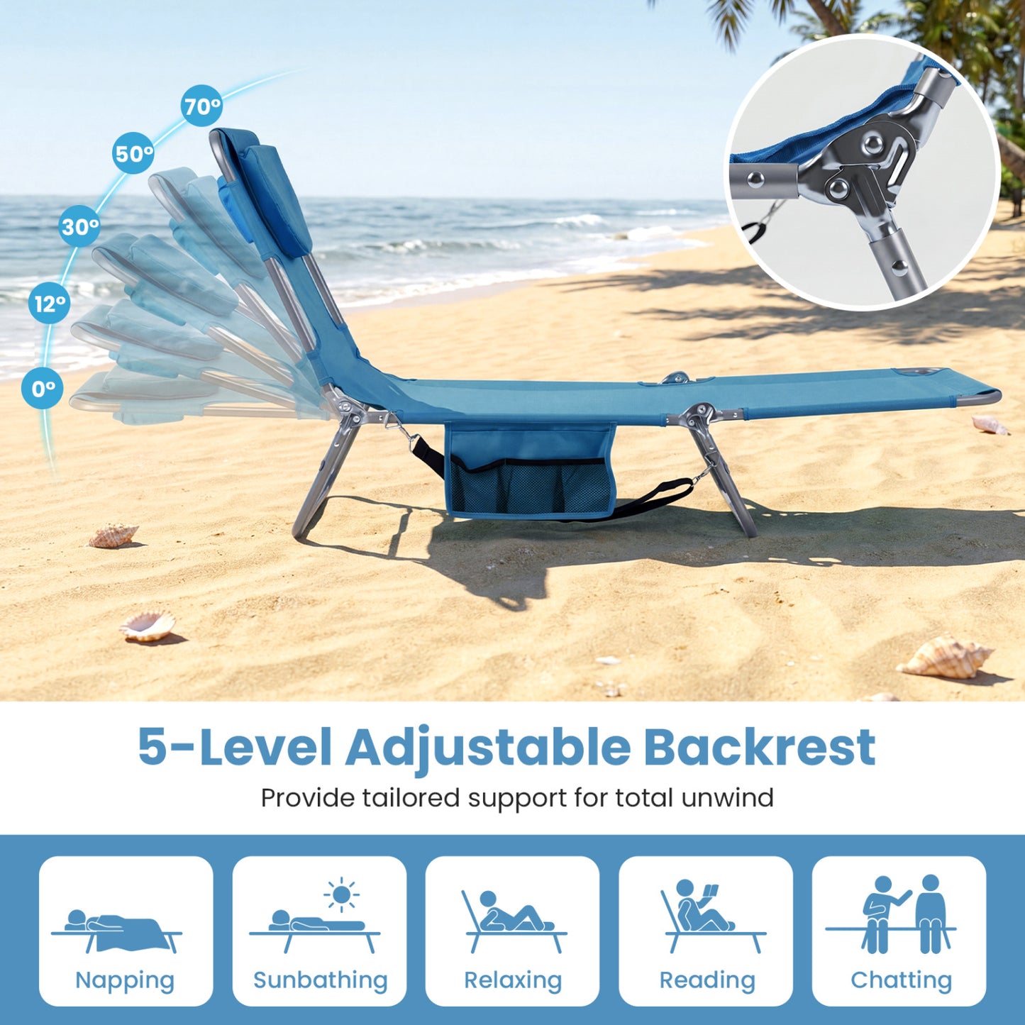 Folding Beach Lounge Chair with Adjustable Backrest