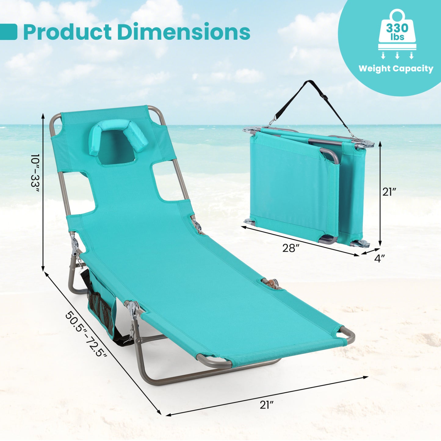 Folding Beach Lounge Chair with Adjustable Backrest