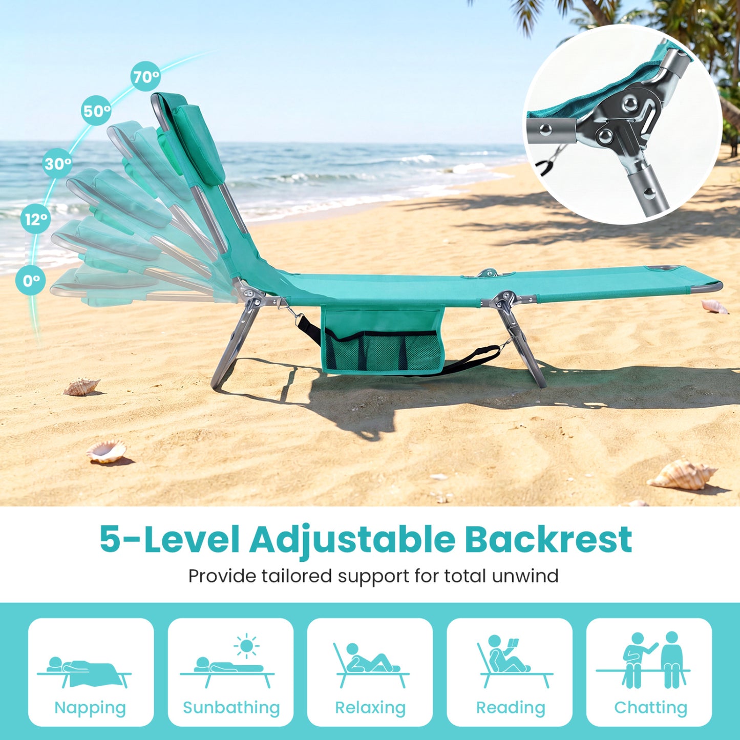 Folding Beach Lounge Chair with Adjustable Backrest
