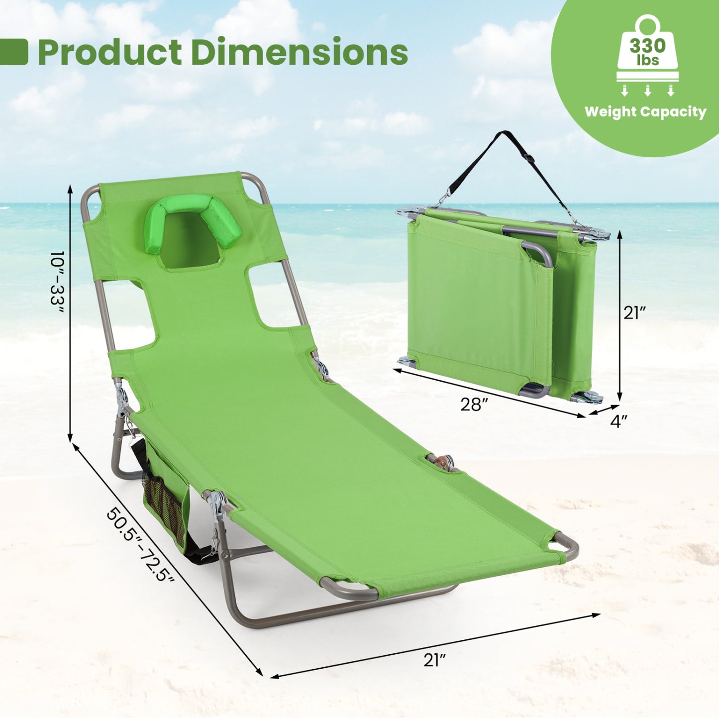 Folding Beach Lounge Chair with Adjustable Backrest