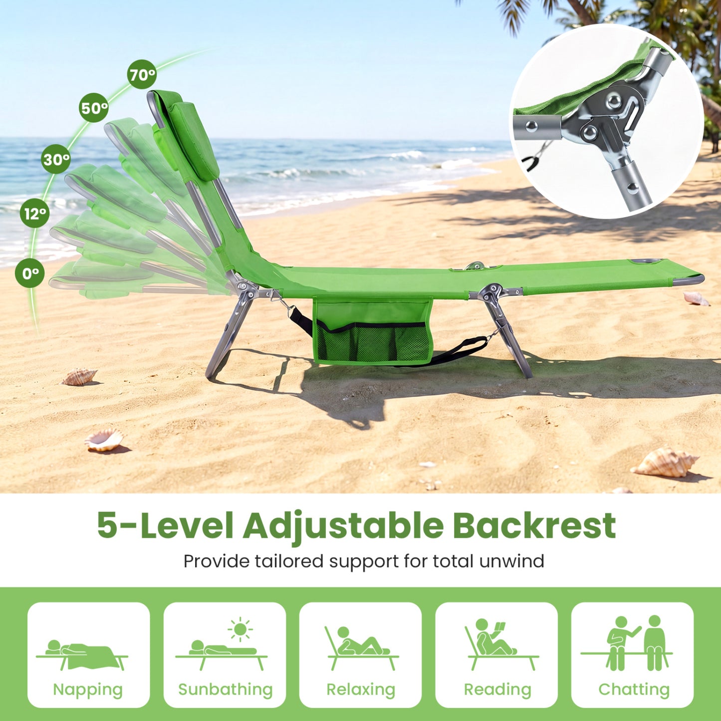 Folding Beach Lounge Chair with Adjustable Backrest