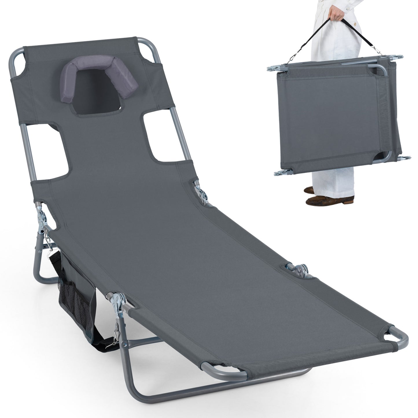 Folding Beach Lounge Chair with Adjustable Backrest