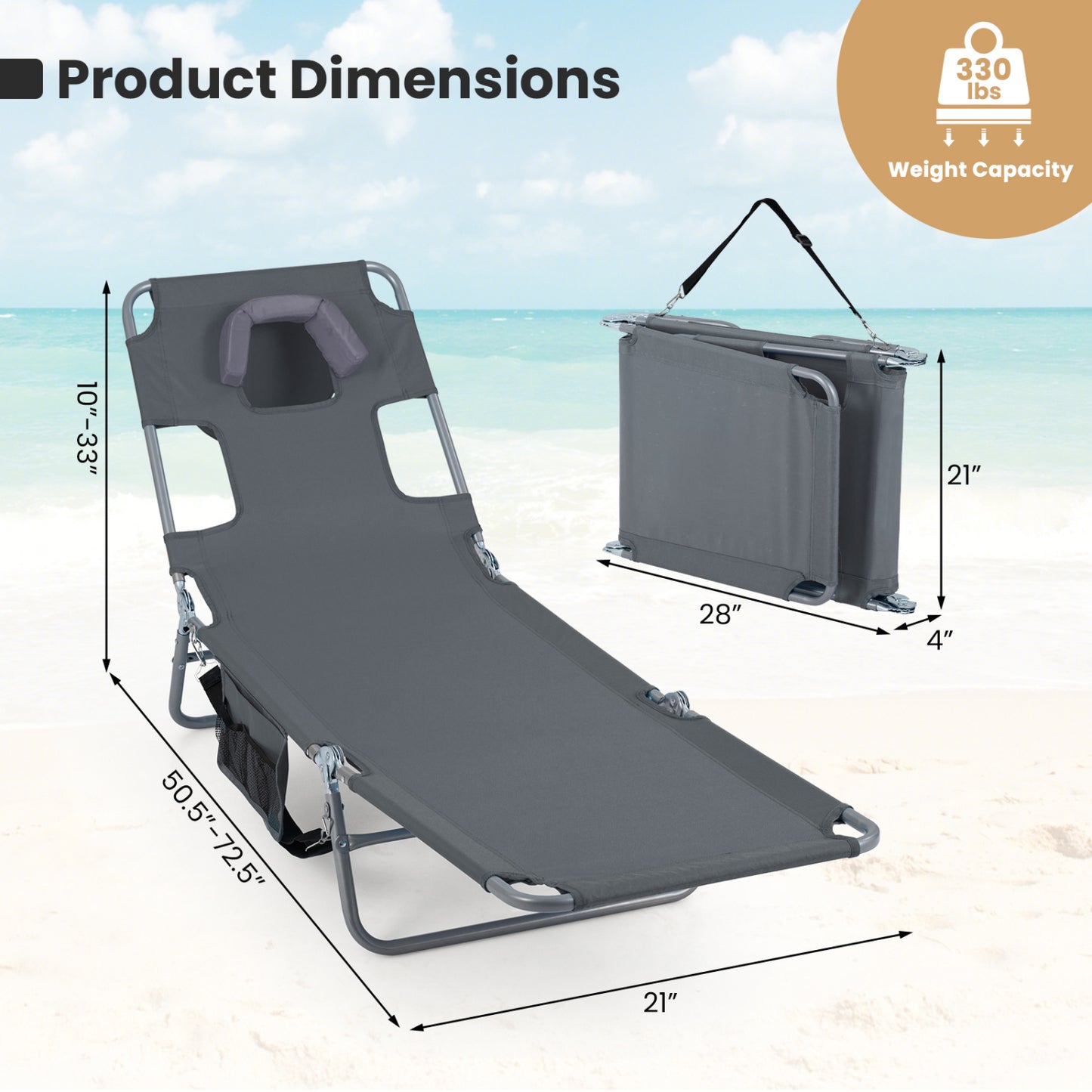 Folding Beach Lounge Chair with Adjustable Backrest