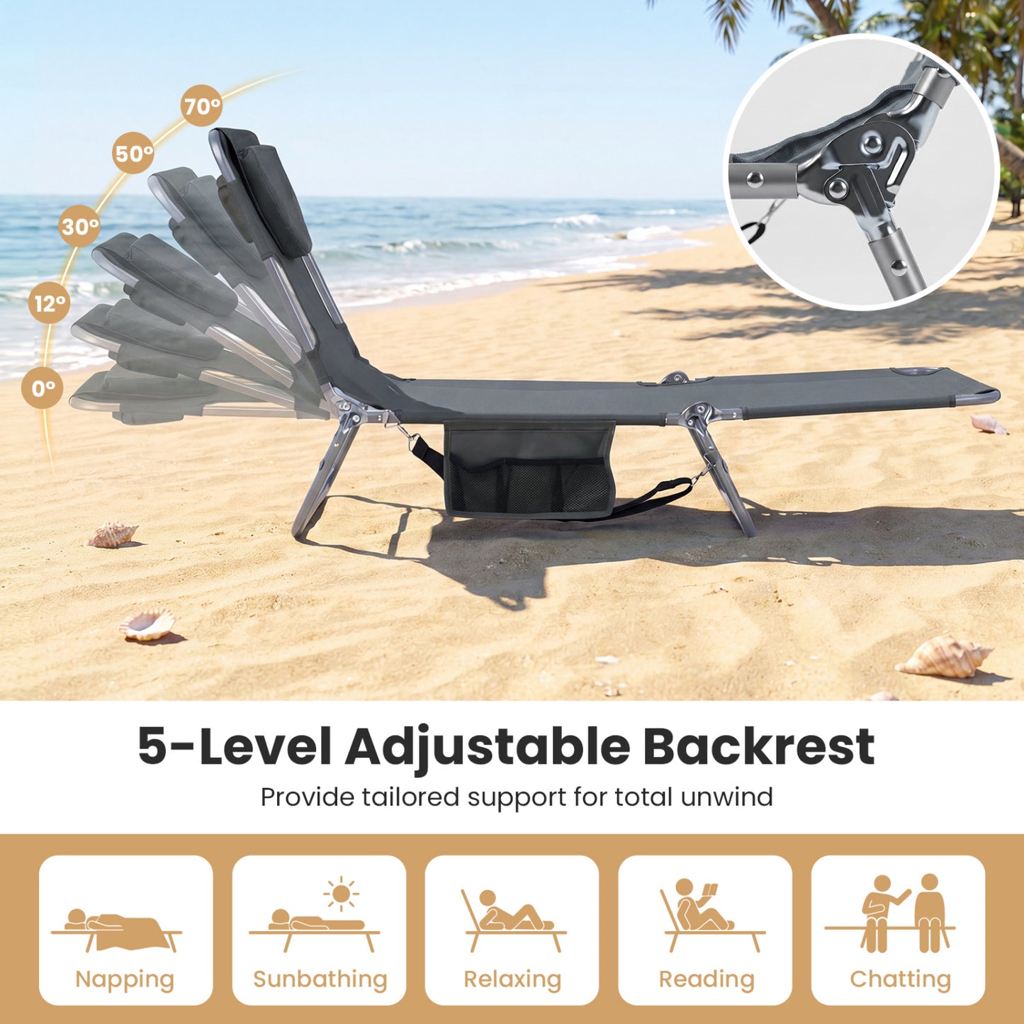 Folding Beach Lounge Chair with Adjustable Backrest