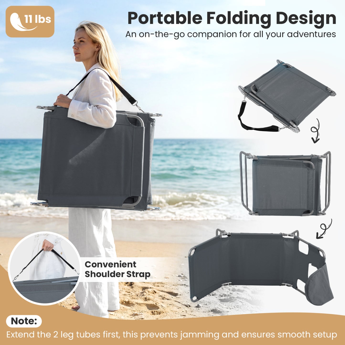 Folding Beach Lounge Chair with Adjustable Backrest