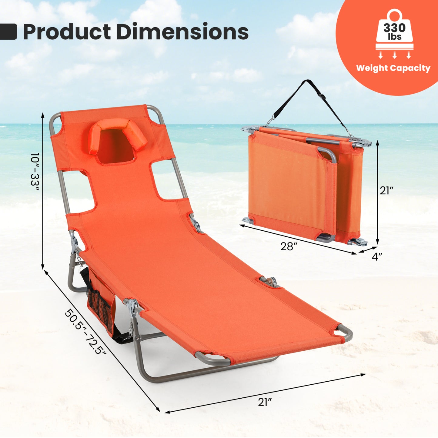 Folding Beach Lounge Chair with Adjustable Backrest