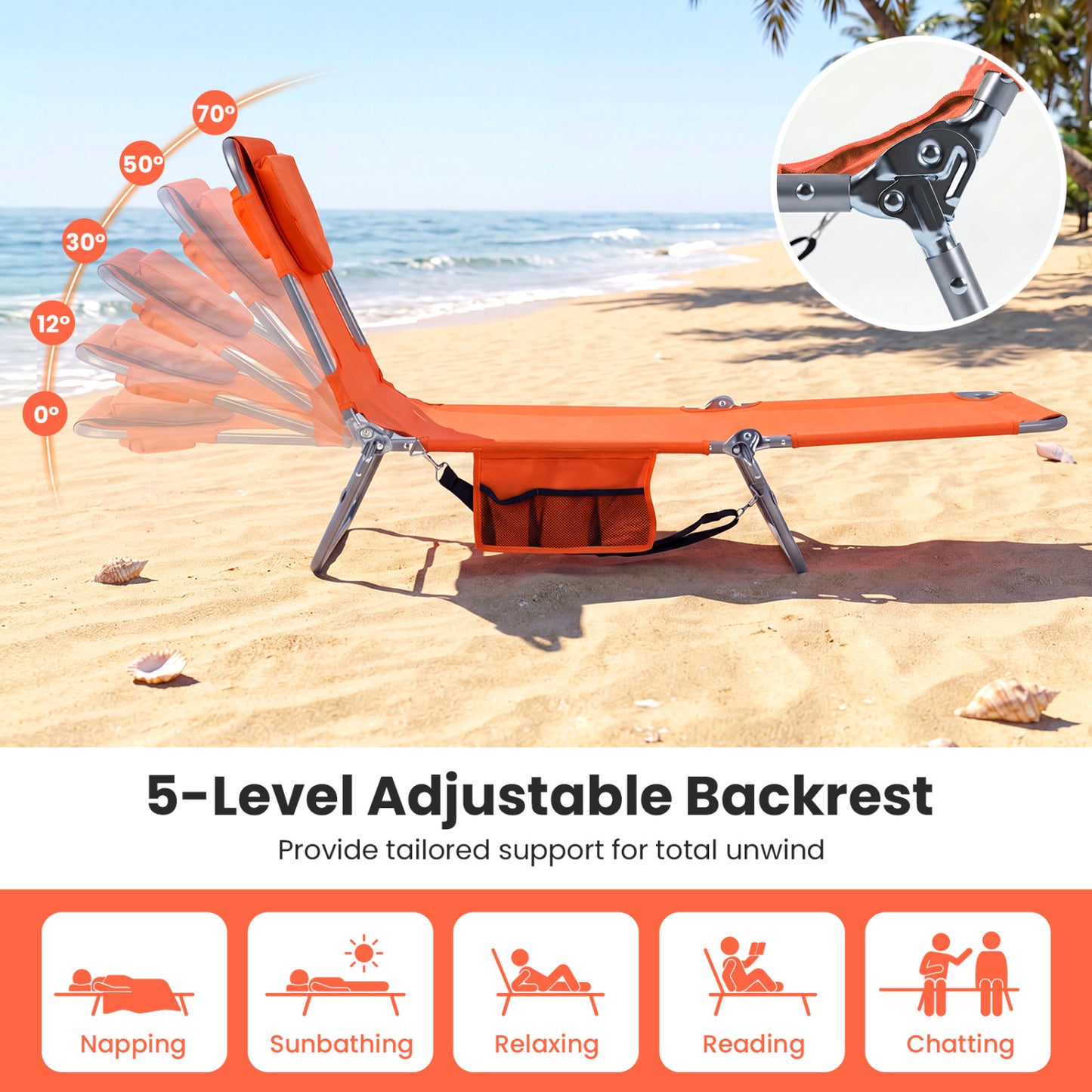 Folding Beach Lounge Chair with Adjustable Backrest