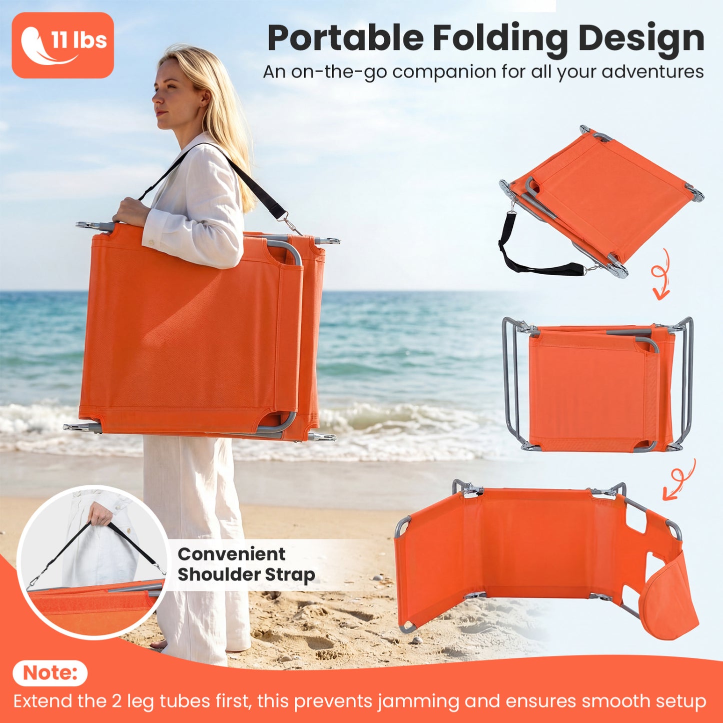 Folding Beach Lounge Chair with Adjustable Backrest