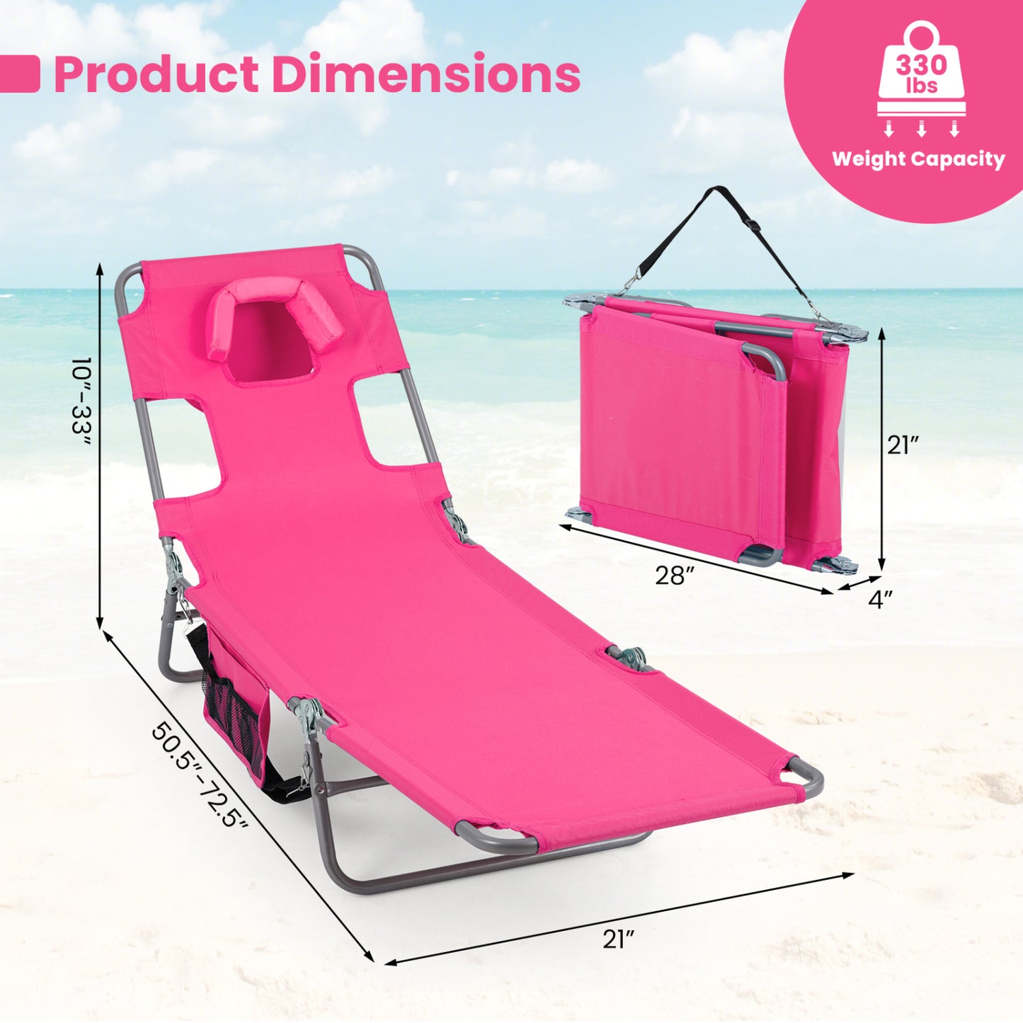 Folding Beach Lounge Chair with Adjustable Backrest