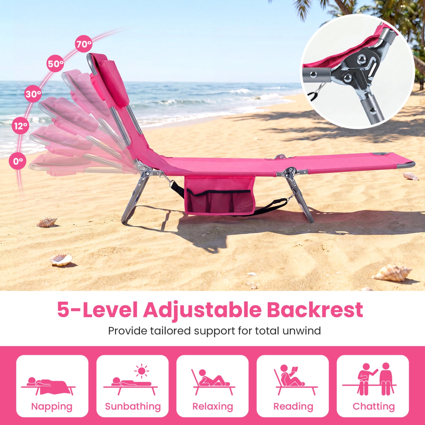 Folding Beach Lounge Chair with Adjustable Backrest