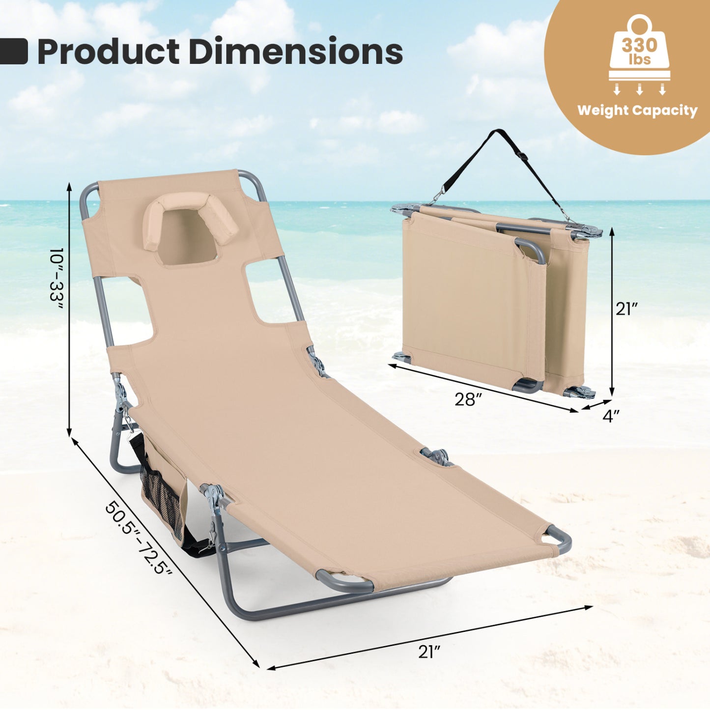 Folding Beach Lounge Chair with Adjustable Backrest
