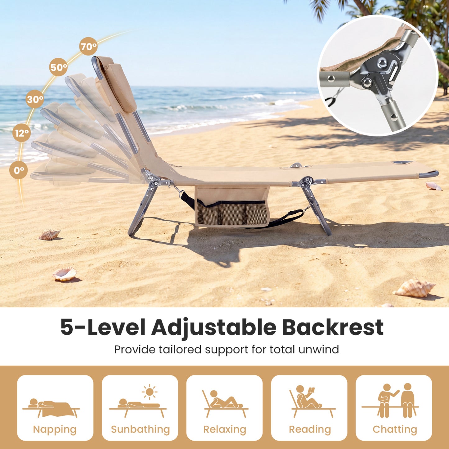 Folding Beach Lounge Chair with Adjustable Backrest