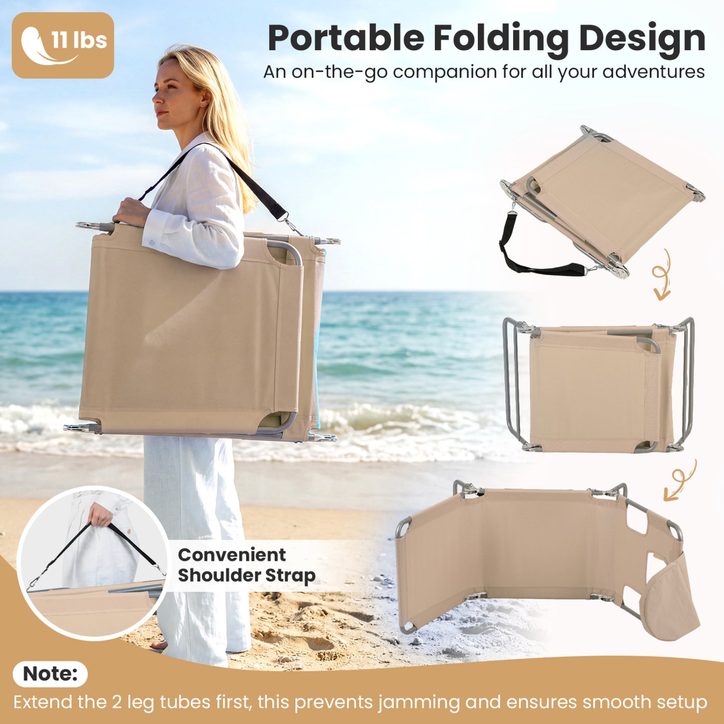 Folding Beach Lounge Chair with Adjustable Backrest