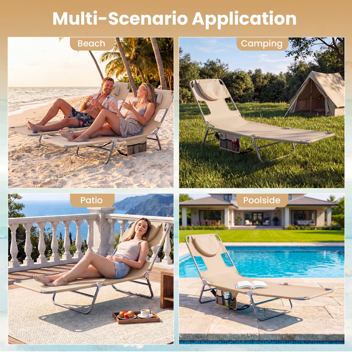 Folding Beach Lounge Chair with Adjustable Backrest