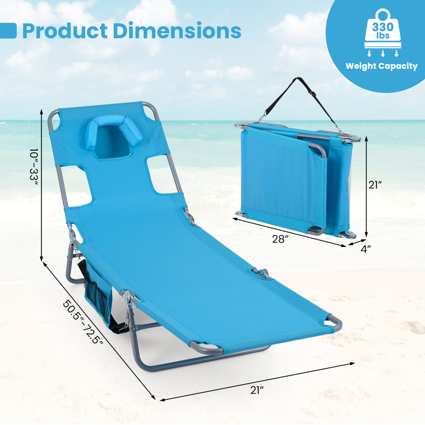 Folding Beach Lounge Chair with Adjustable Backrest