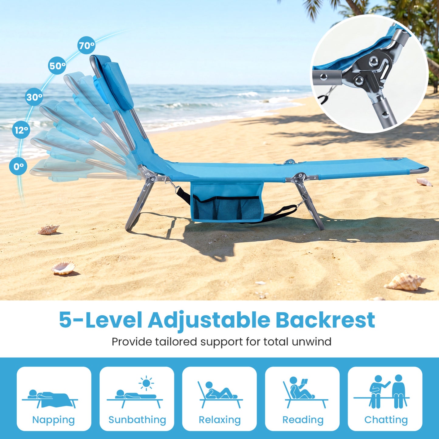 Folding Beach Lounge Chair with Adjustable Backrest
