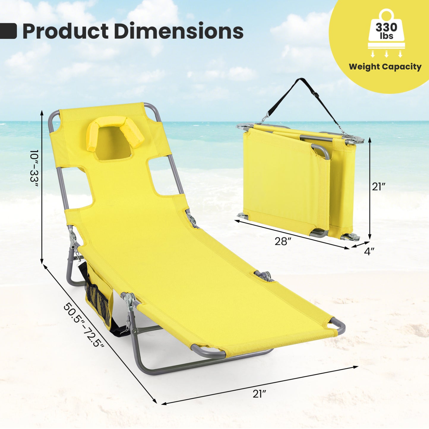 Folding Beach Lounge Chair with Adjustable Backrest