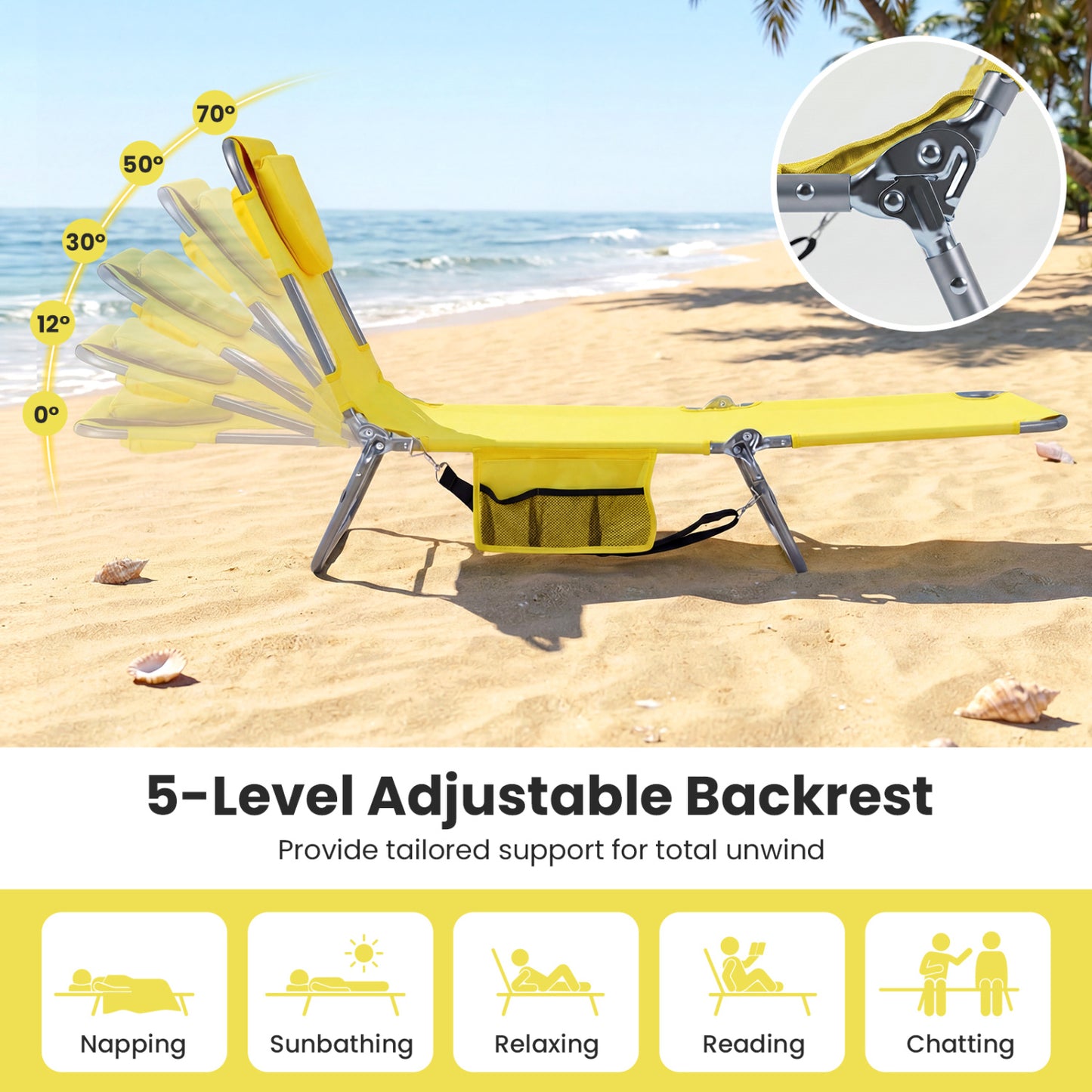 Folding Beach Lounge Chair with Adjustable Backrest