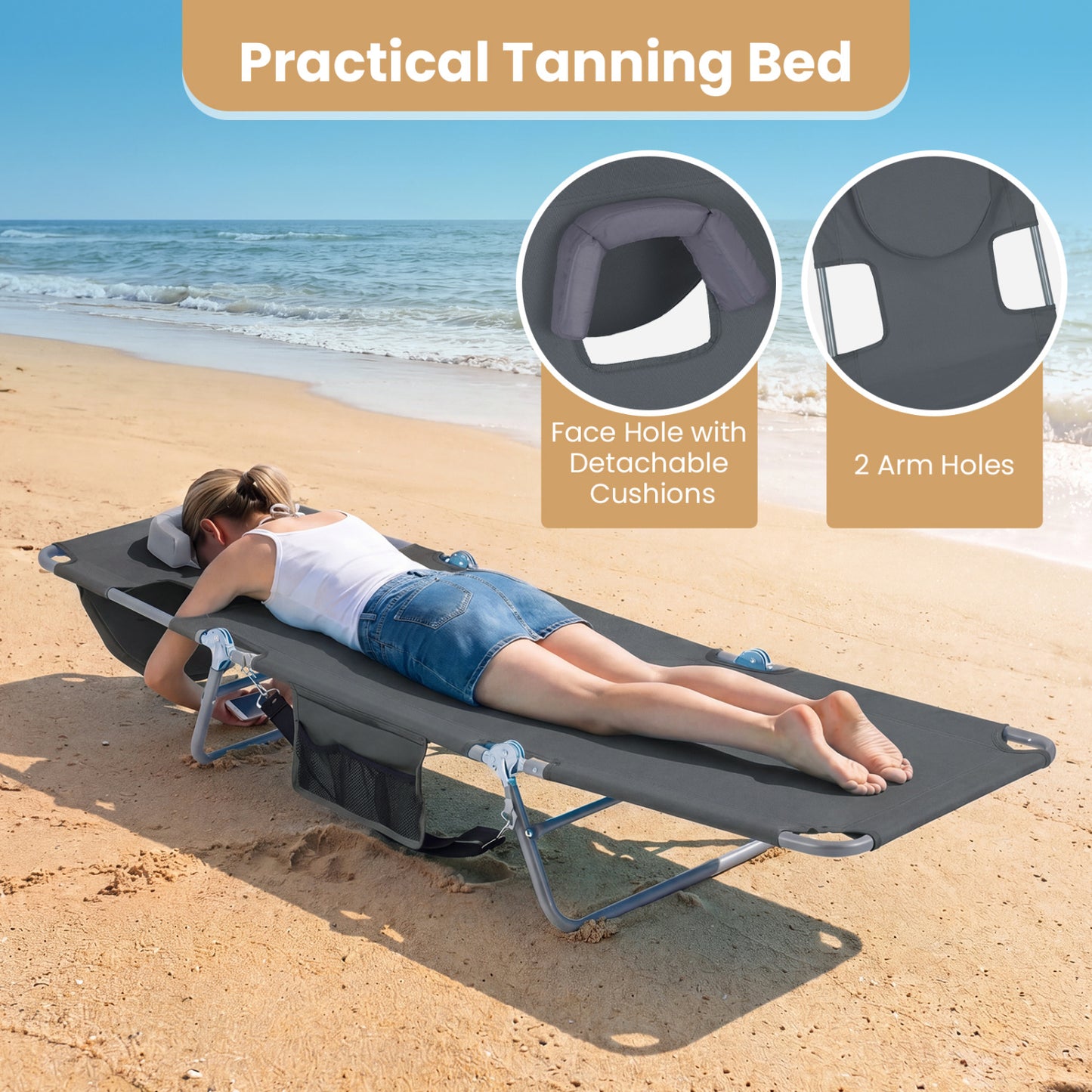 Folding Beach Lounge Chair with Adjustable Backrest