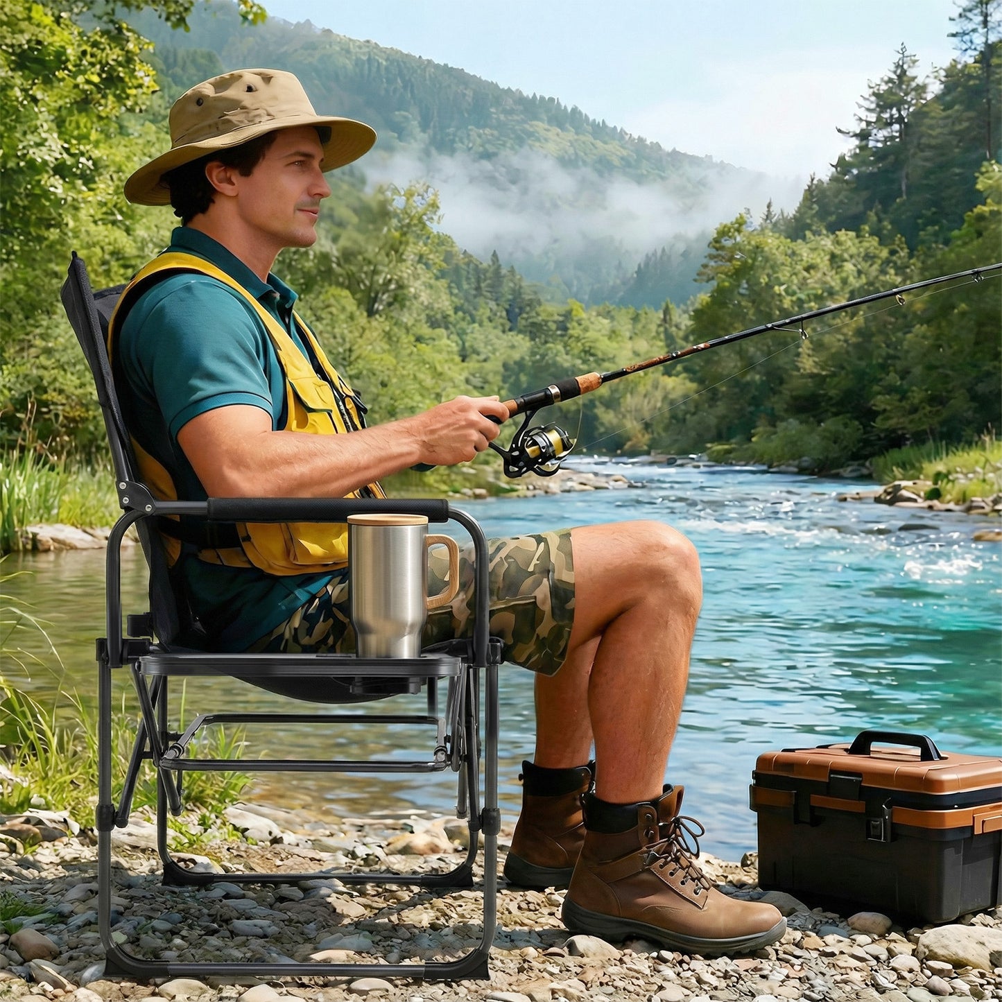 Folding Camping Chair with Side Table and Cup Holder