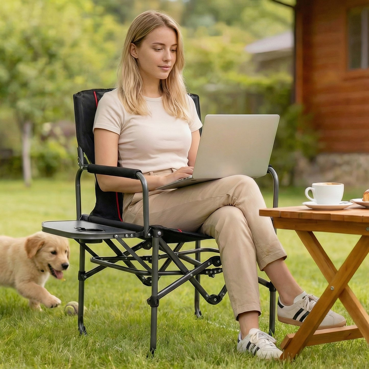 Folding Camping Chair with Side Table and Cup Holder