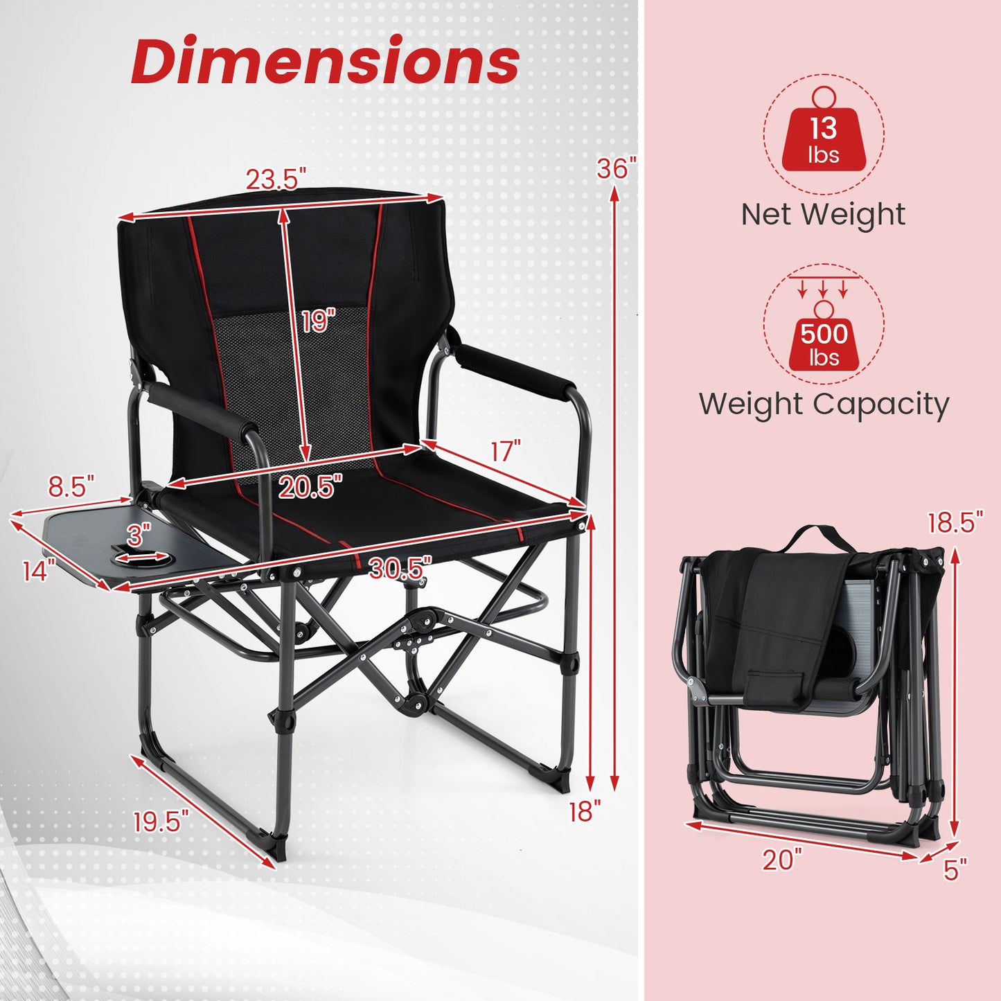 Folding Camping Chair with Side Table and Cup Holder