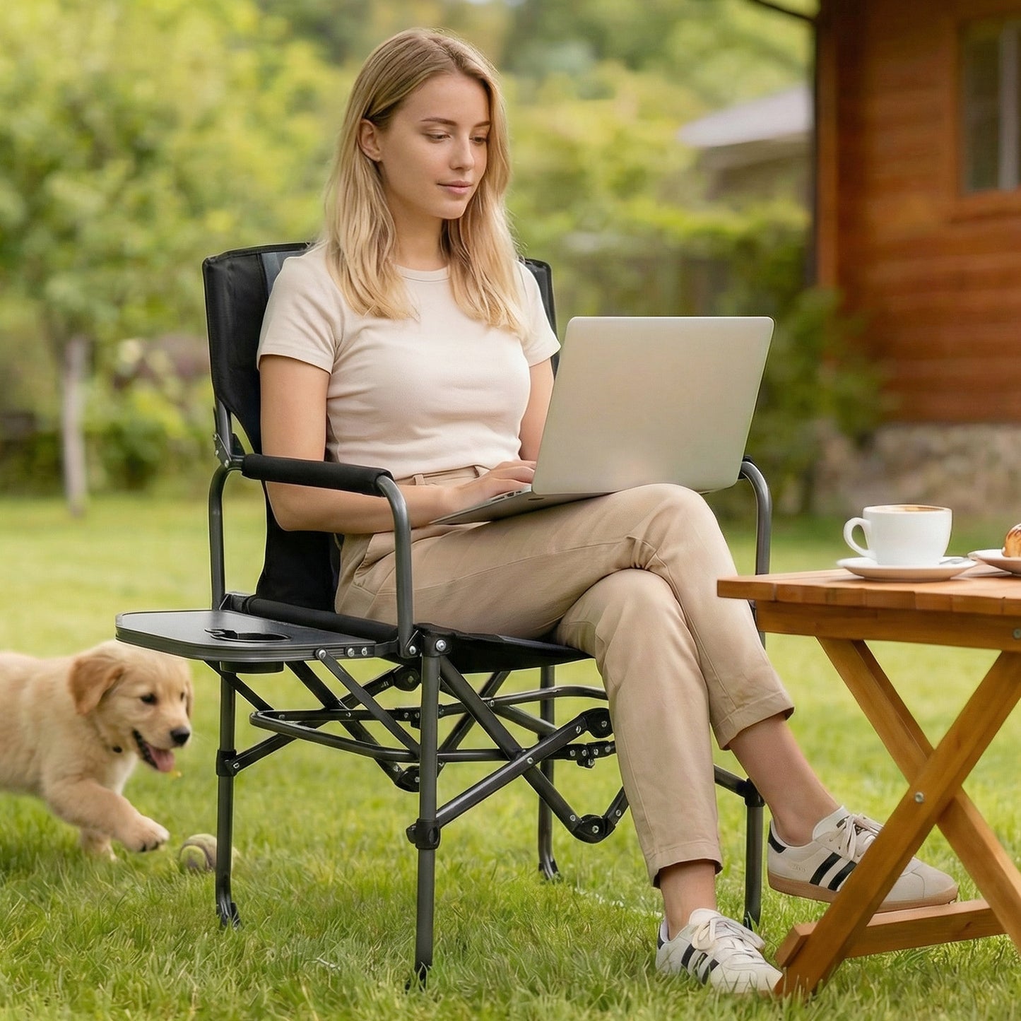 Folding Camping Chair with Side Table and Cup Holder