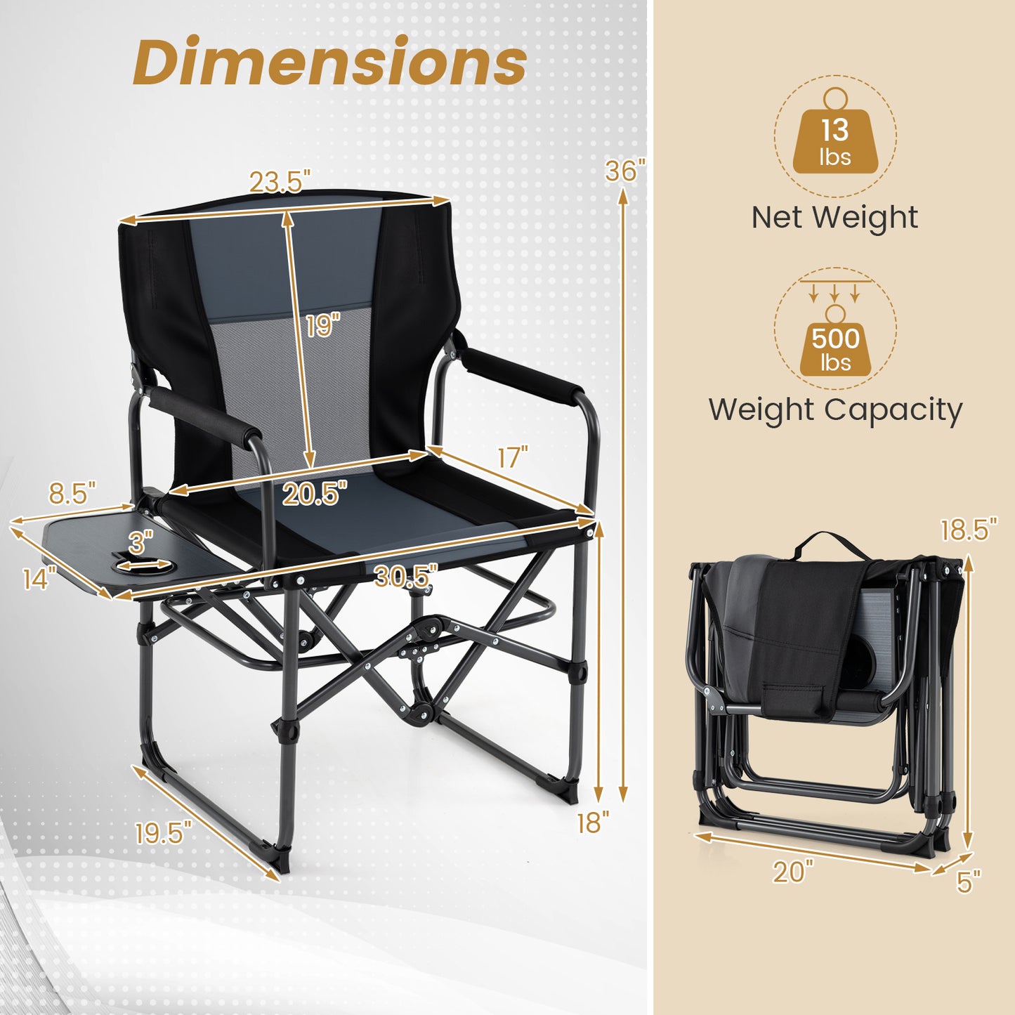 Folding Camping Chair with Side Table and Cup Holder