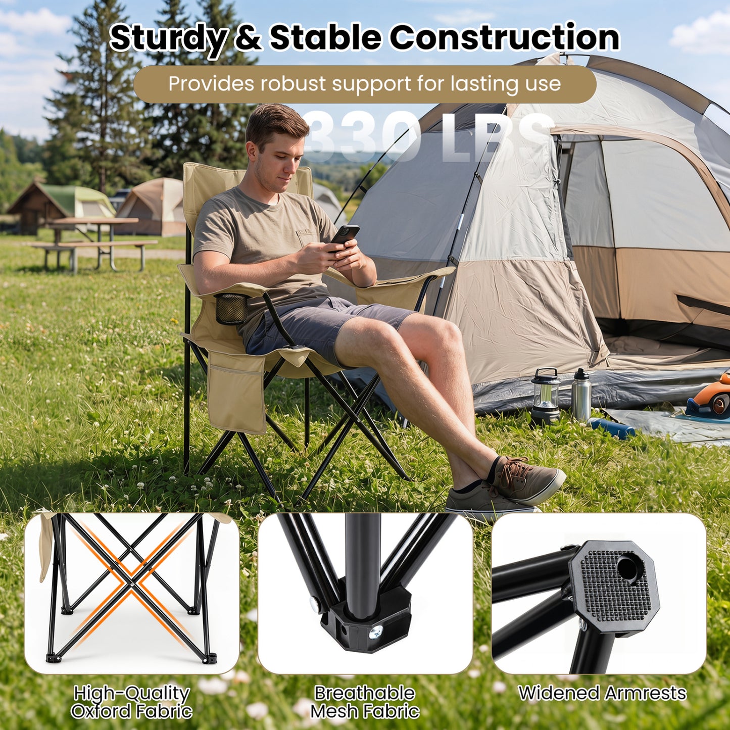 Folding Camping Chair with Mesh Backrest and Carrying Bag