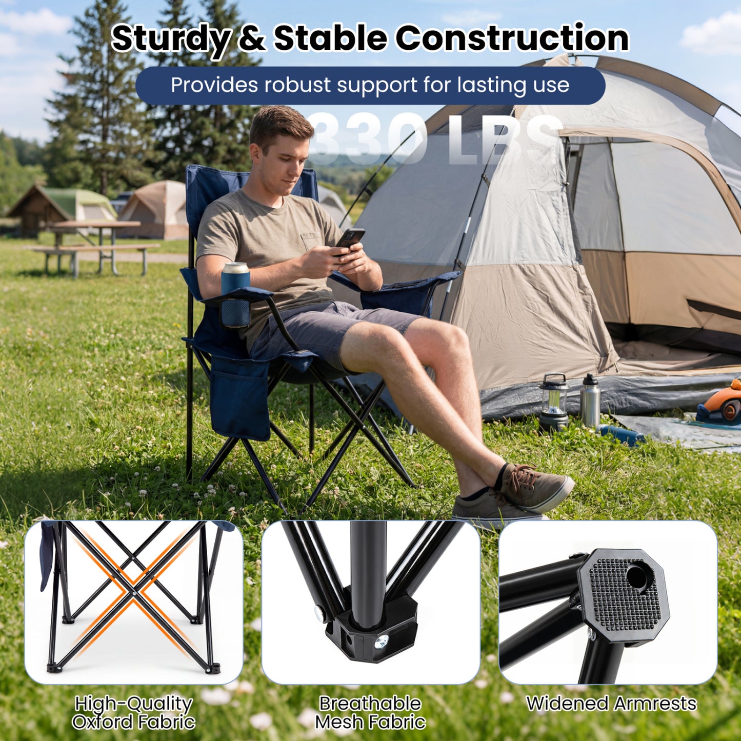 Folding Camping Chair with Mesh Backrest and Carrying Bag
