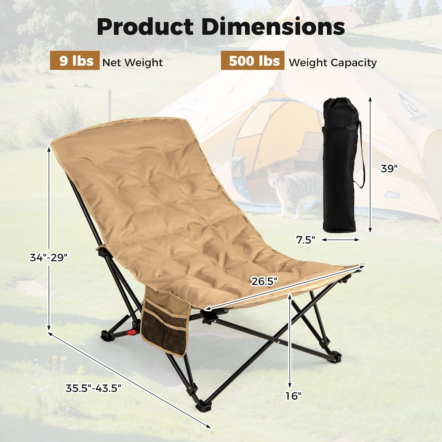 Folding Camping Chair with Adjustable Backrest and Carry Bag