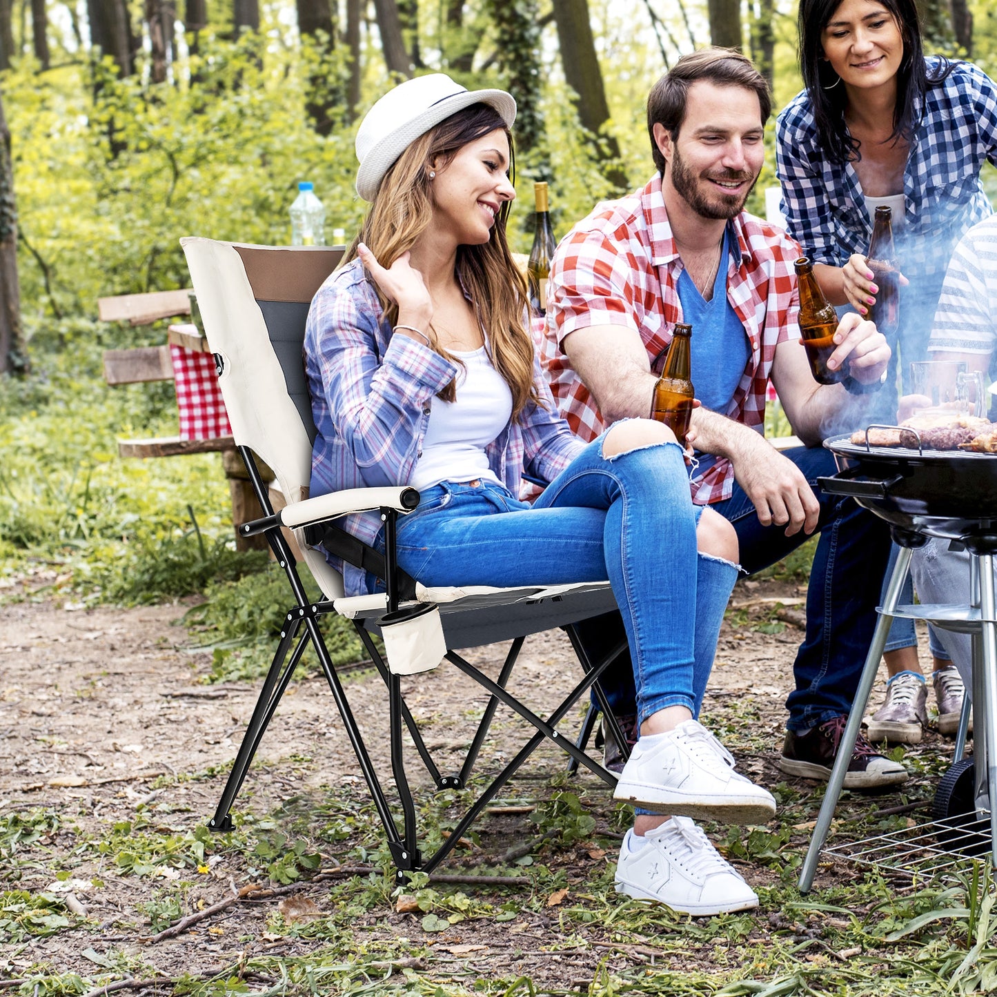 Folding Camping Chair with Lumbar Pillow and Cup Holder