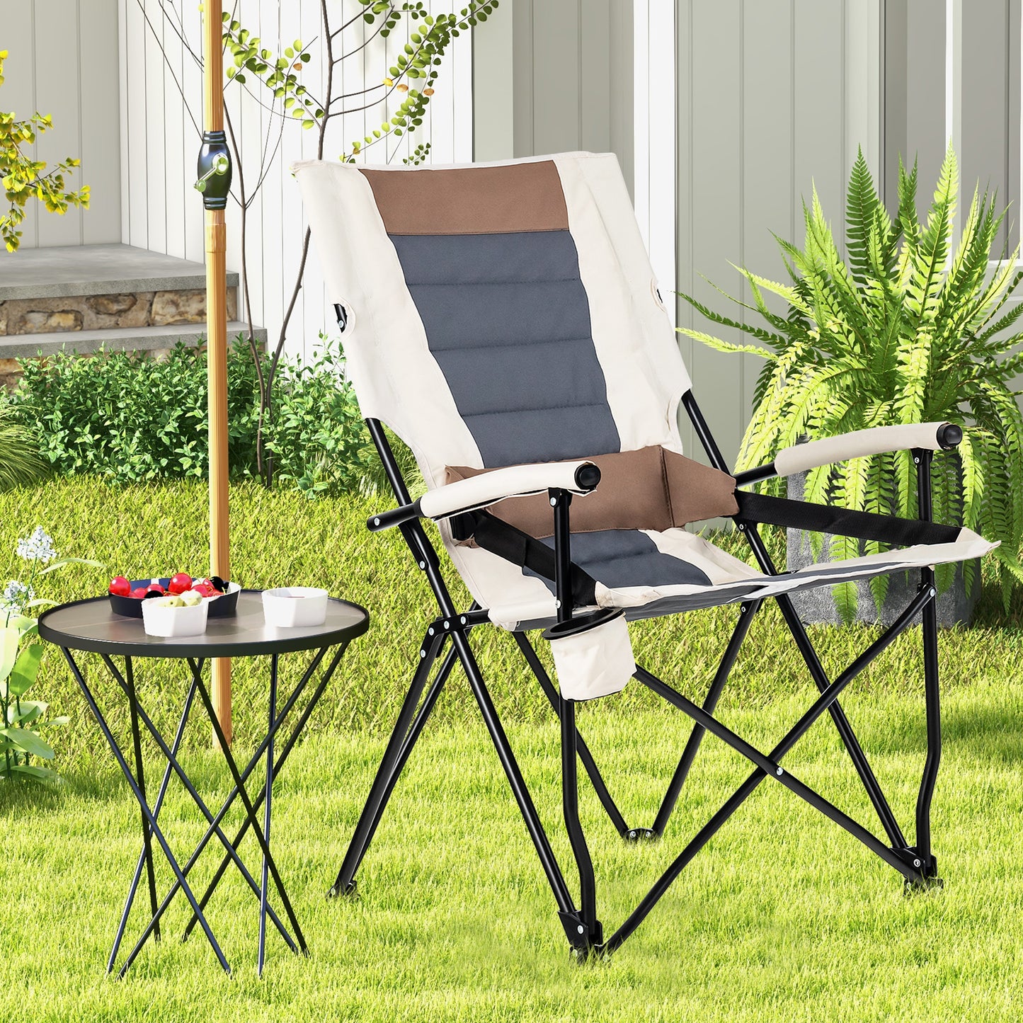 Folding Camping Chair with Lumbar Pillow and Cup Holder