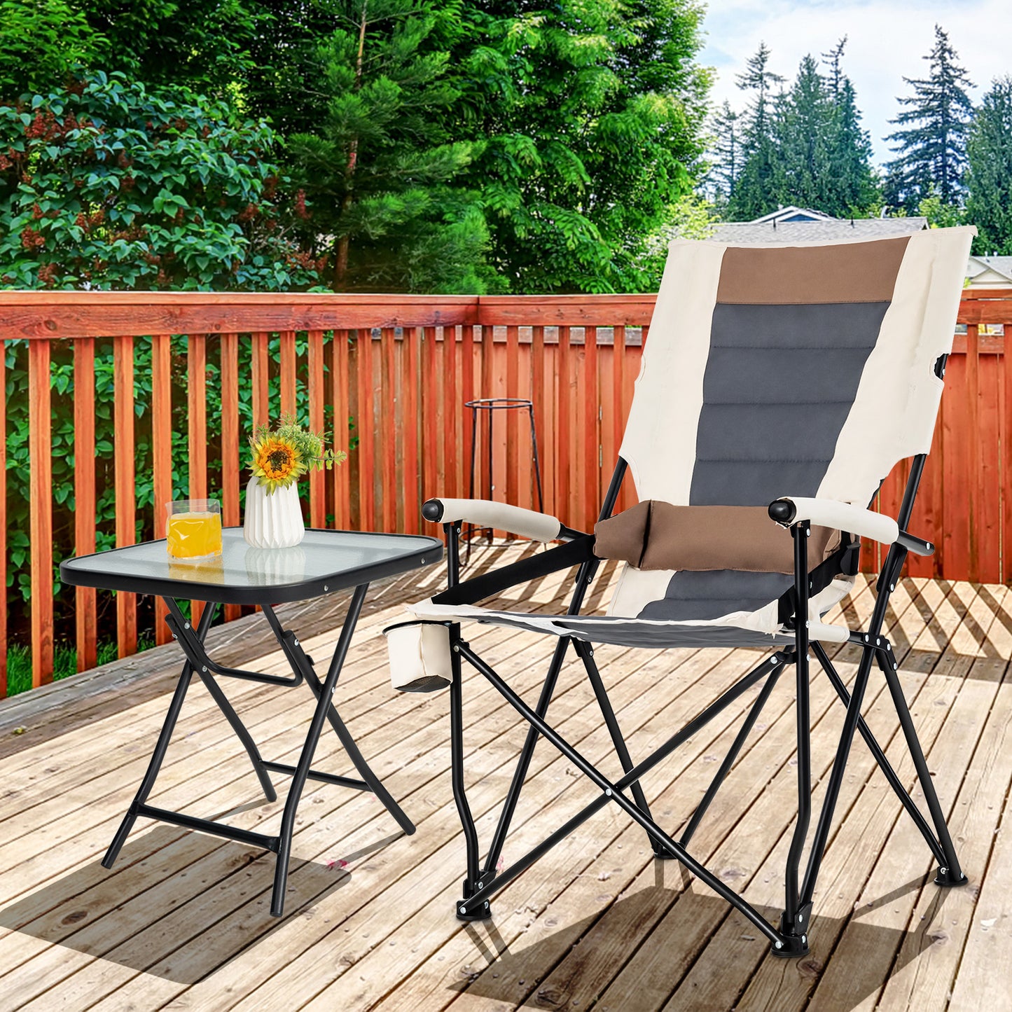 Folding Camping Chair with Lumbar Pillow and Cup Holder
