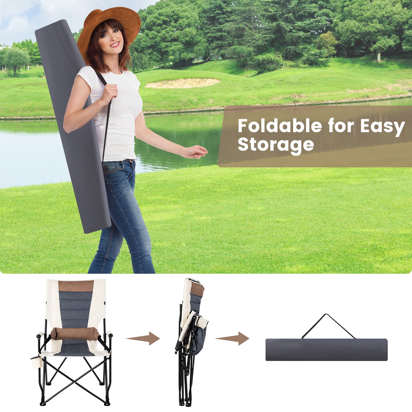 Folding Camping Chair with Lumbar Pillow and Cup Holder