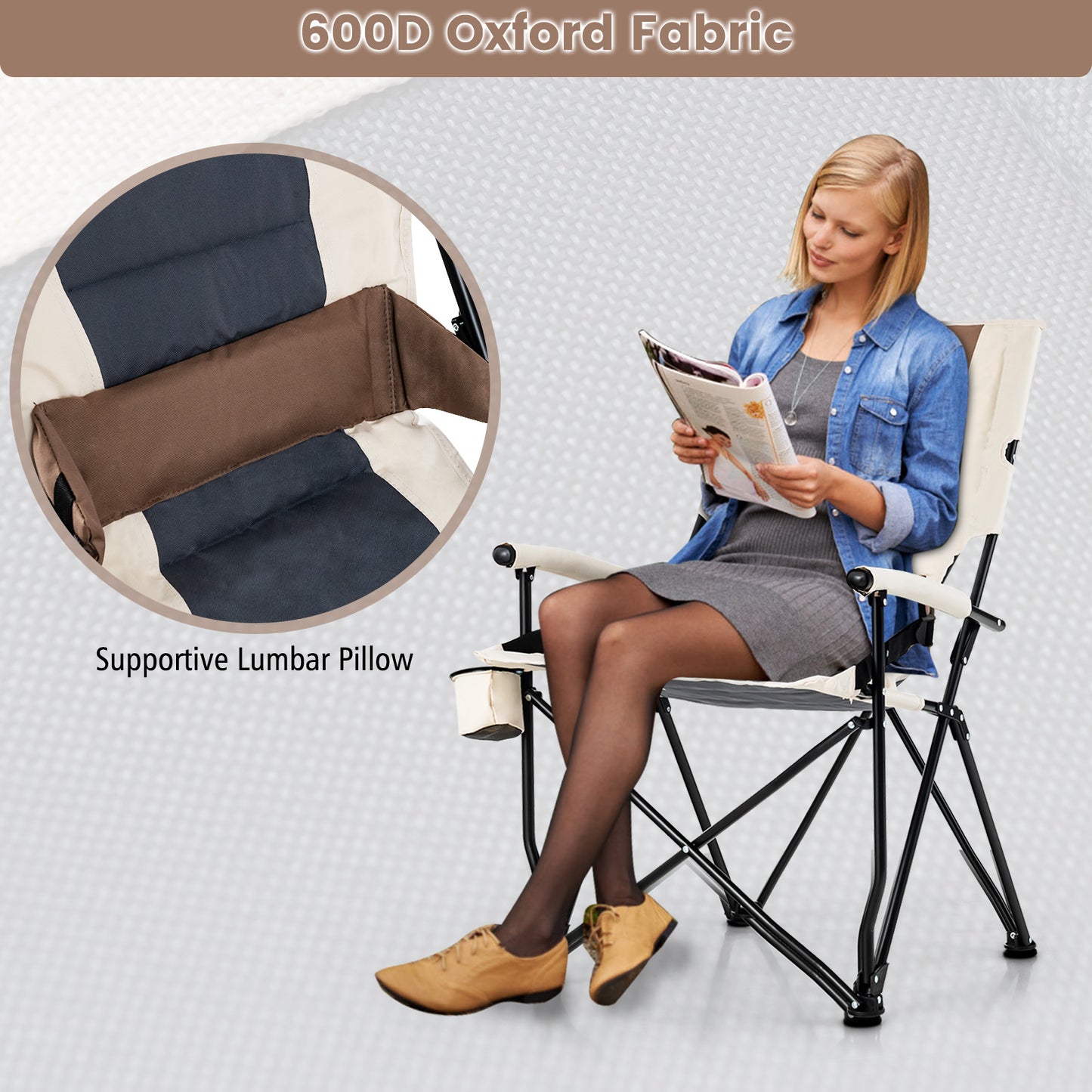Folding Camping Chair with Lumbar Pillow and Cup Holder