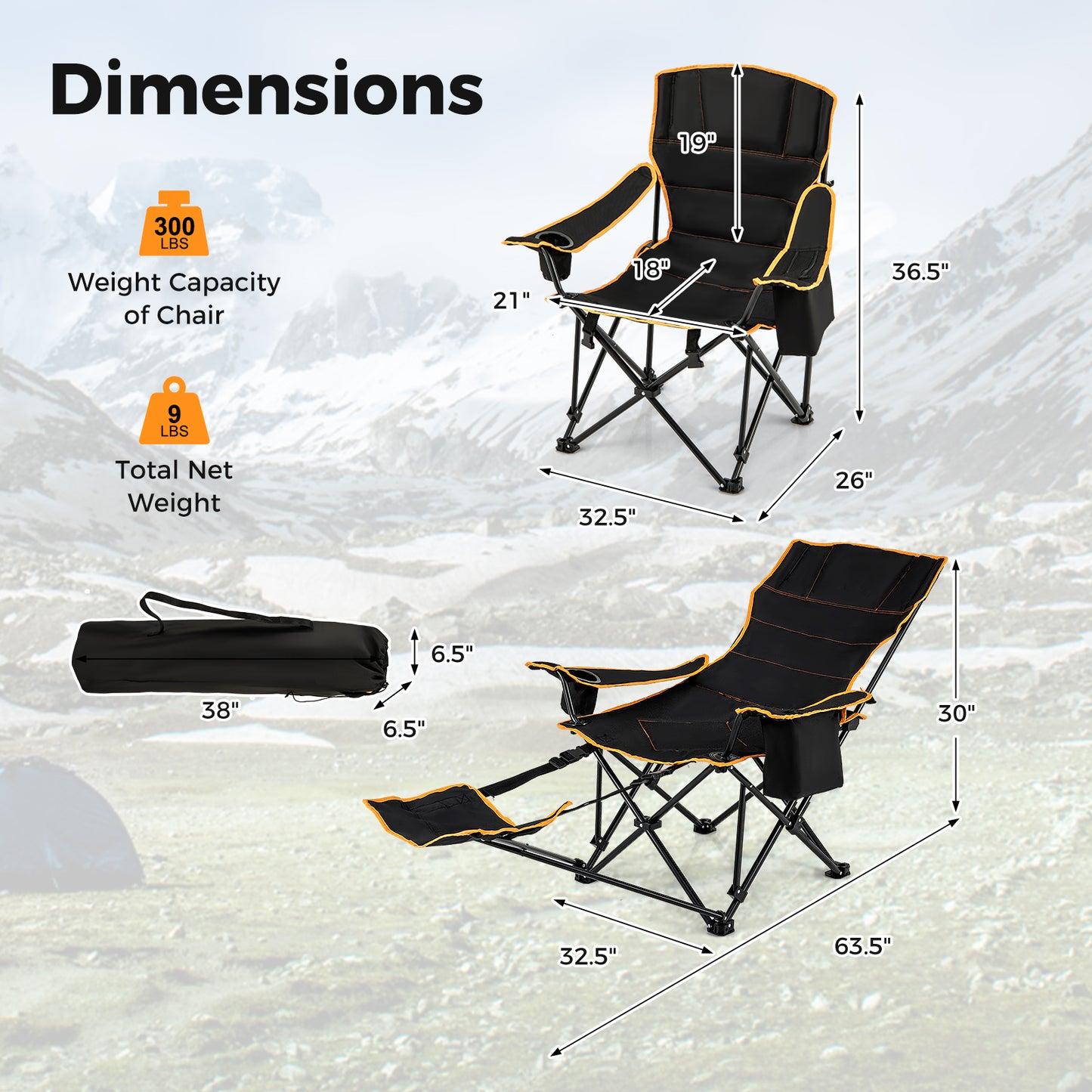 Folding Camping Chair with Adjustable Footrest and Carry Bag