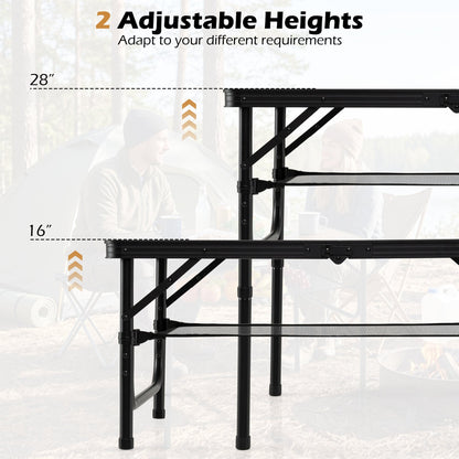 Folding Camping Table with Adjustable Heights Storage Net & Handle