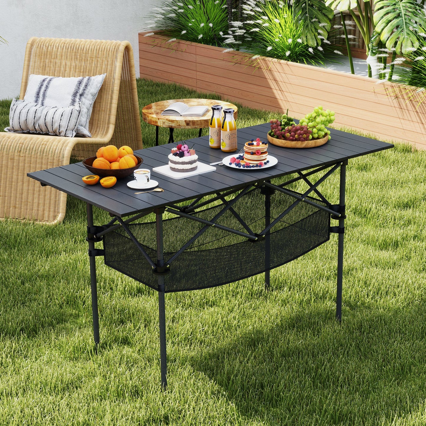 Patio Folding Camping Table with Roll-up Tabletop and Mesh Basket