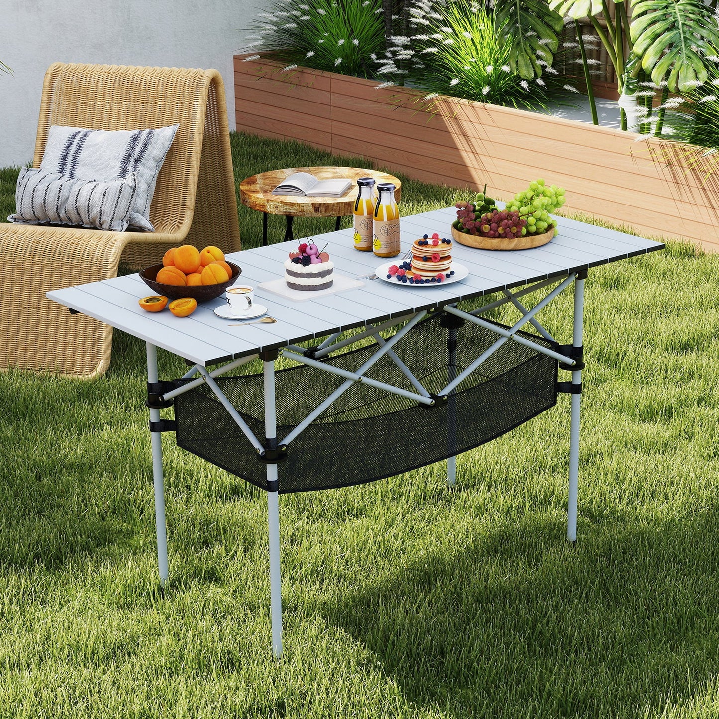 Patio Folding Camping Table with Roll-up Tabletop and Mesh Basket