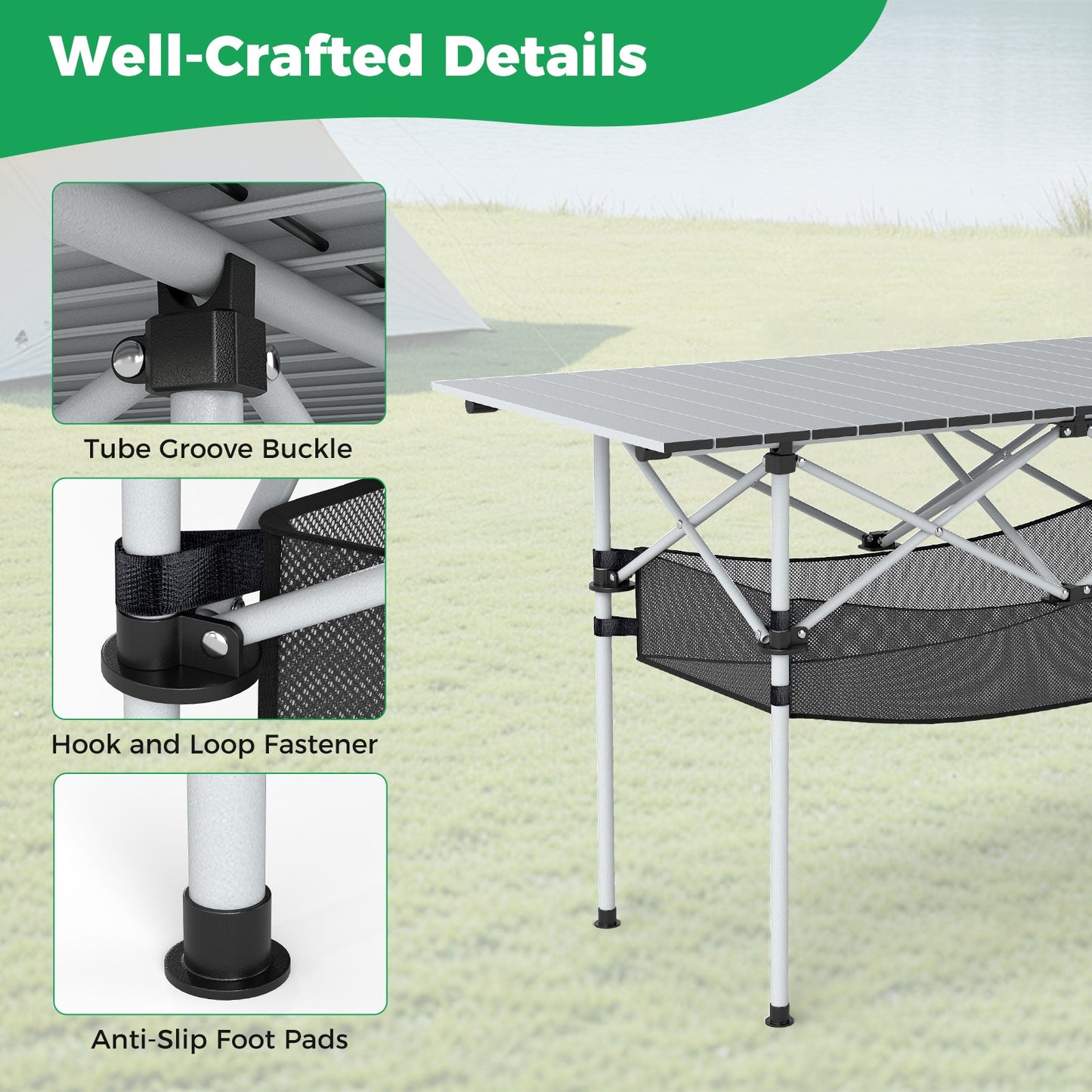 Patio Folding Camping Table with Roll-up Tabletop and Mesh Basket