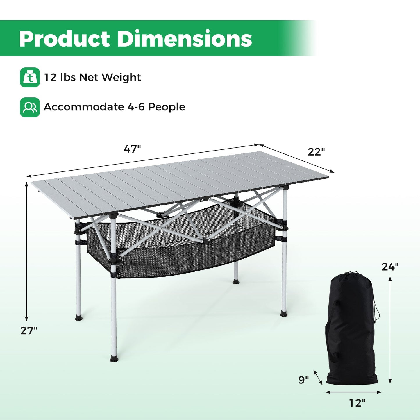 Patio Folding Camping Table with Roll-up Tabletop and Mesh Basket