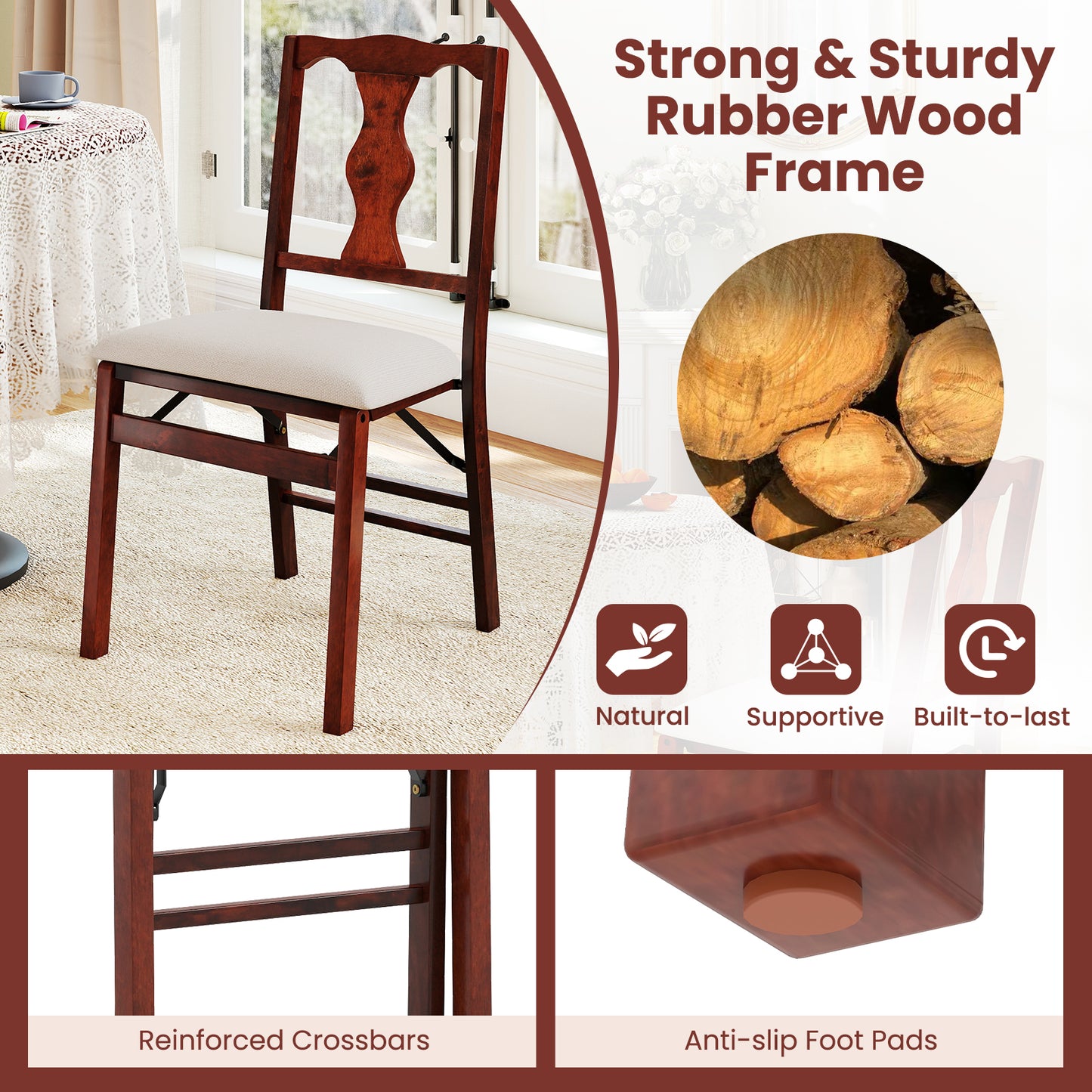 Folding Dining Chairs Set of 2 with Padded Upholstered Seats