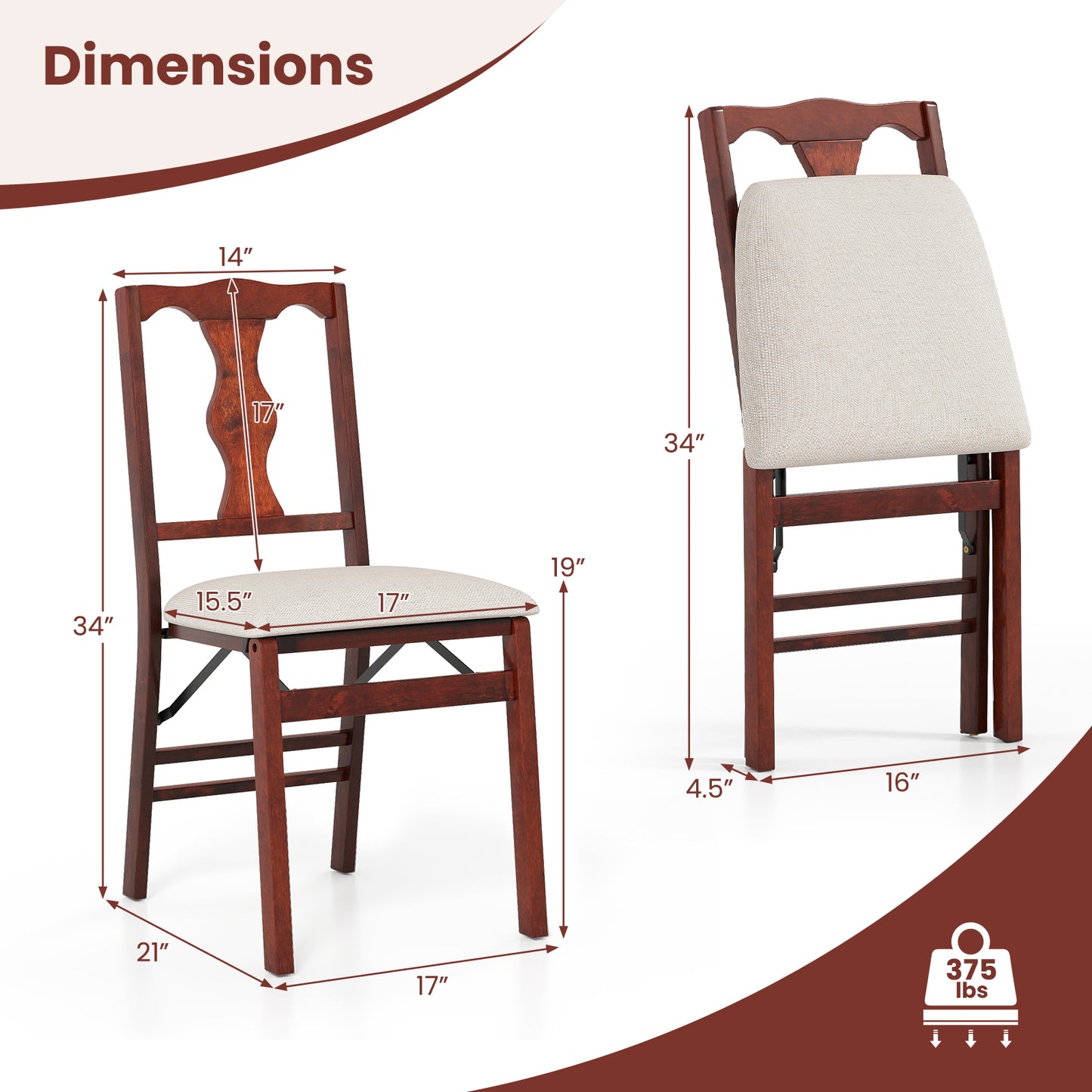 Folding Dining Chairs Set of 2 with Padded Upholstered Seats