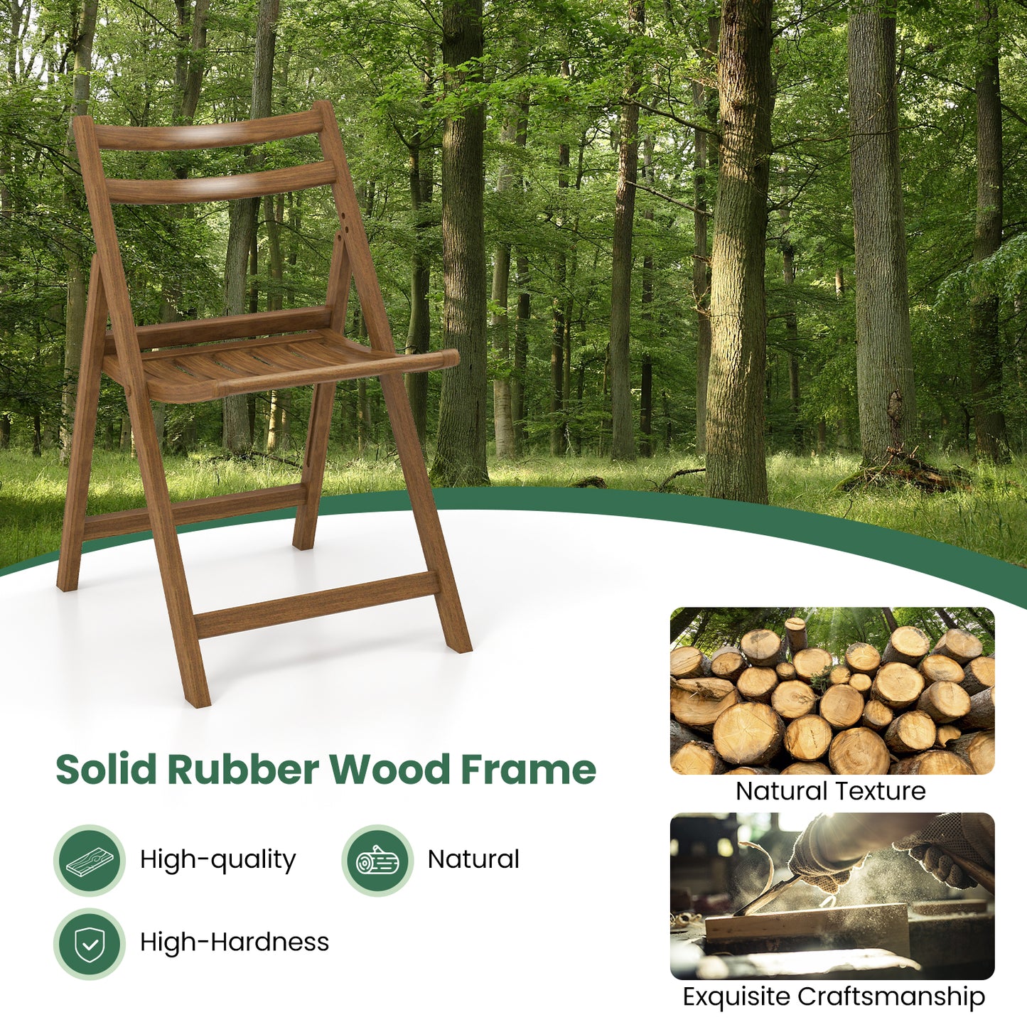 Folding Dining Chairs Set of 2 with Rubber Wood Frame