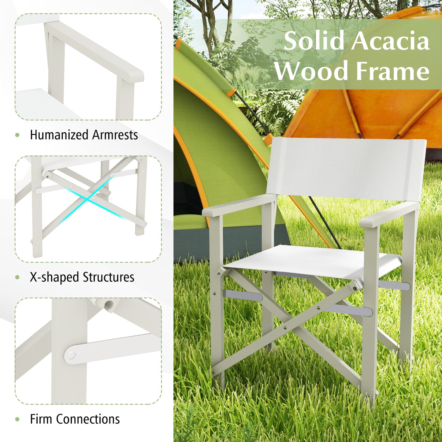 Folding Director Chair with Acacia Wood Frame - Off White