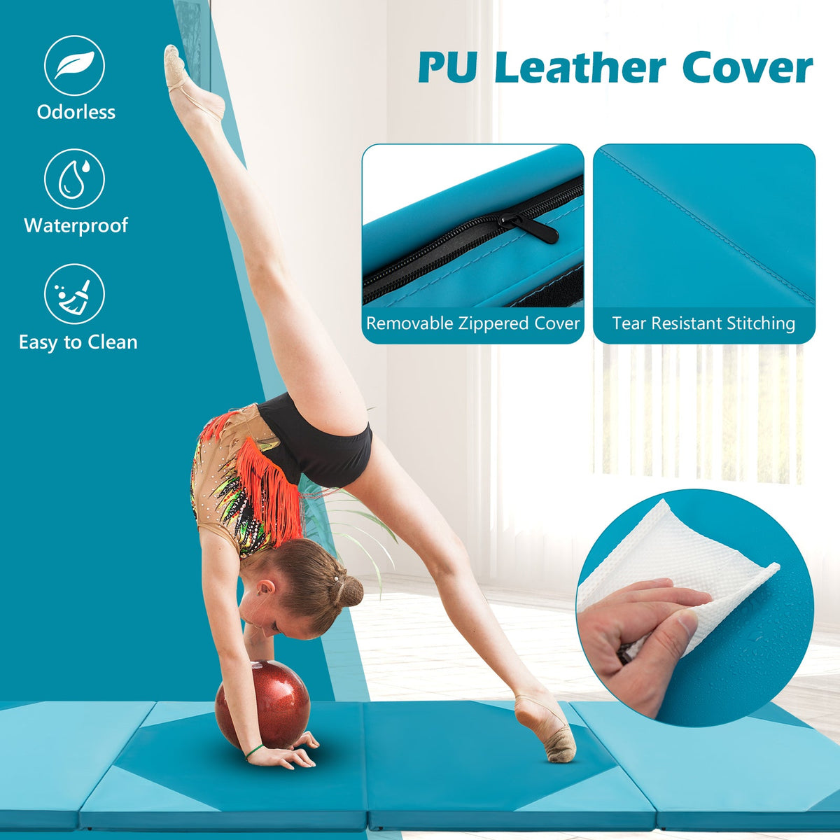 10 Feet x 4 Feet x 2 Inch Folding Exercise Mat with Hook and Loop Fasteners