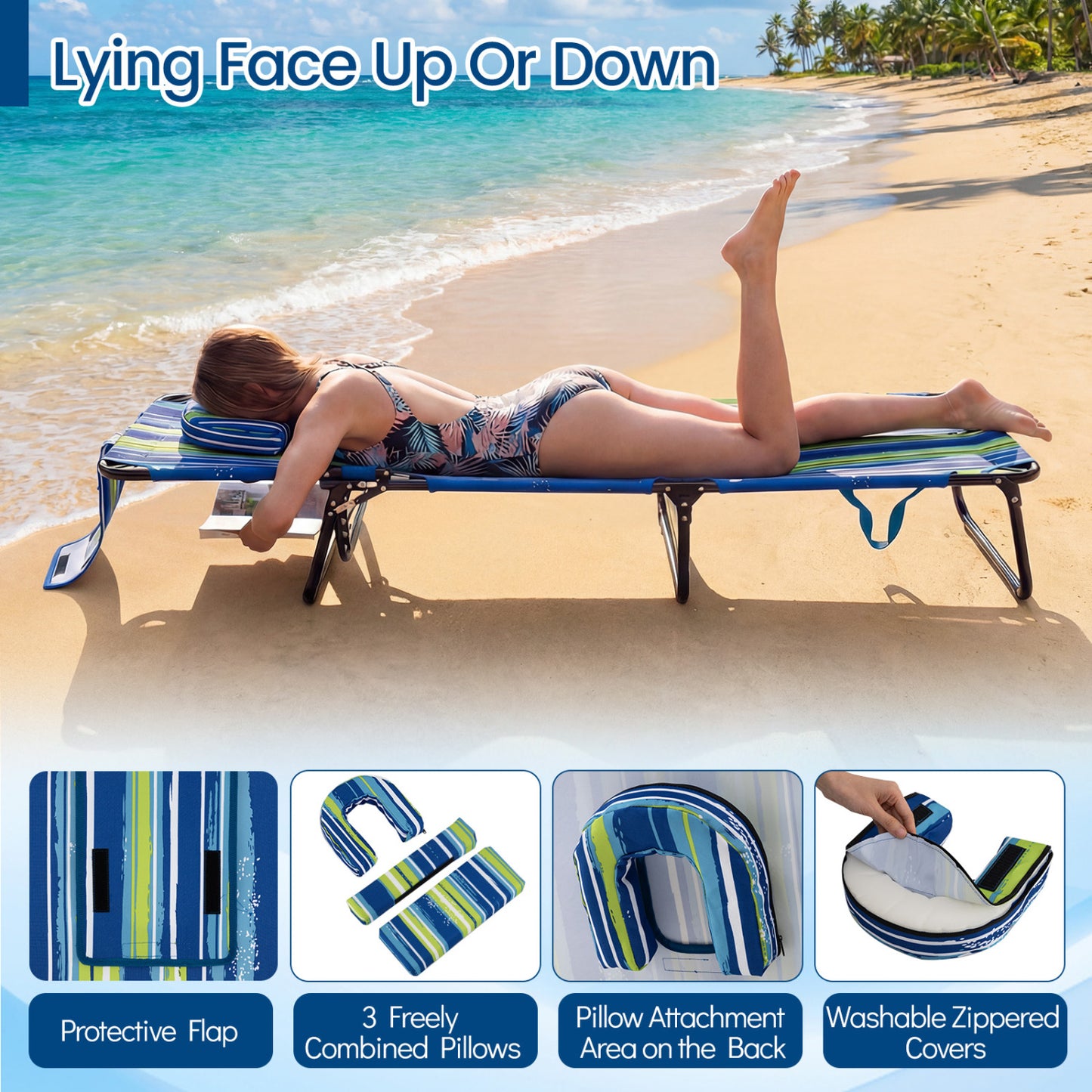 Folding Tanning Chair with Face Hole & 3 Removable Pillows