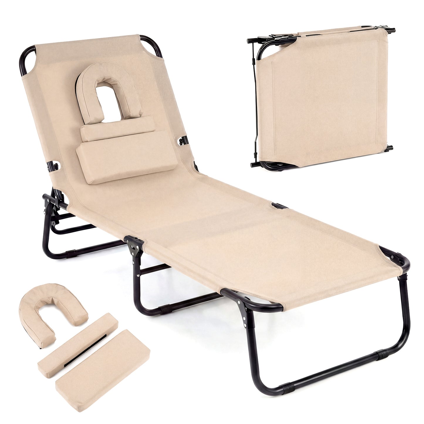 Folding Tanning Chair with Face Hole & 3 Removable Pillows